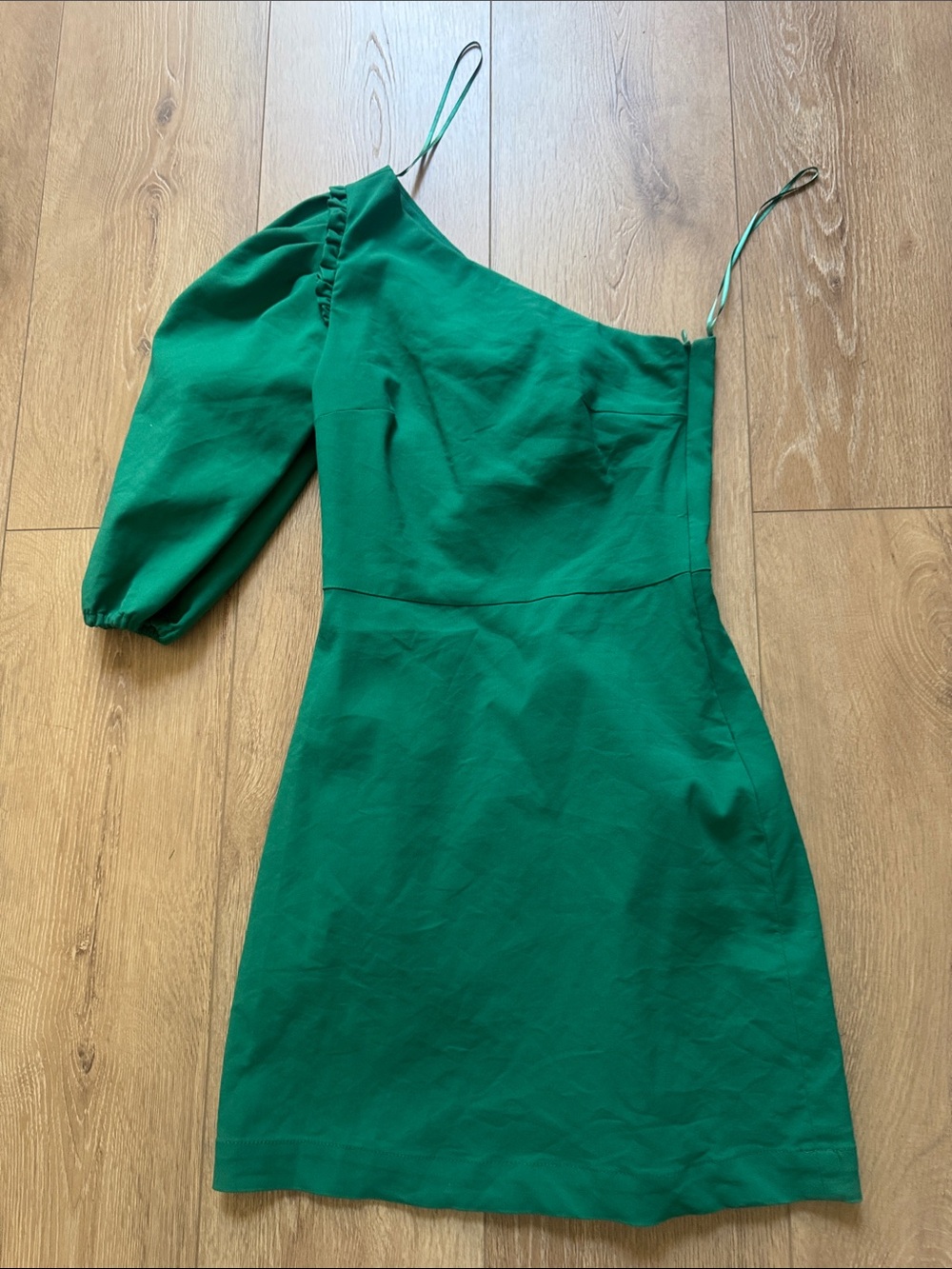 Zara Emerald One-Shoulder Mini Dress with Puff Sleeve